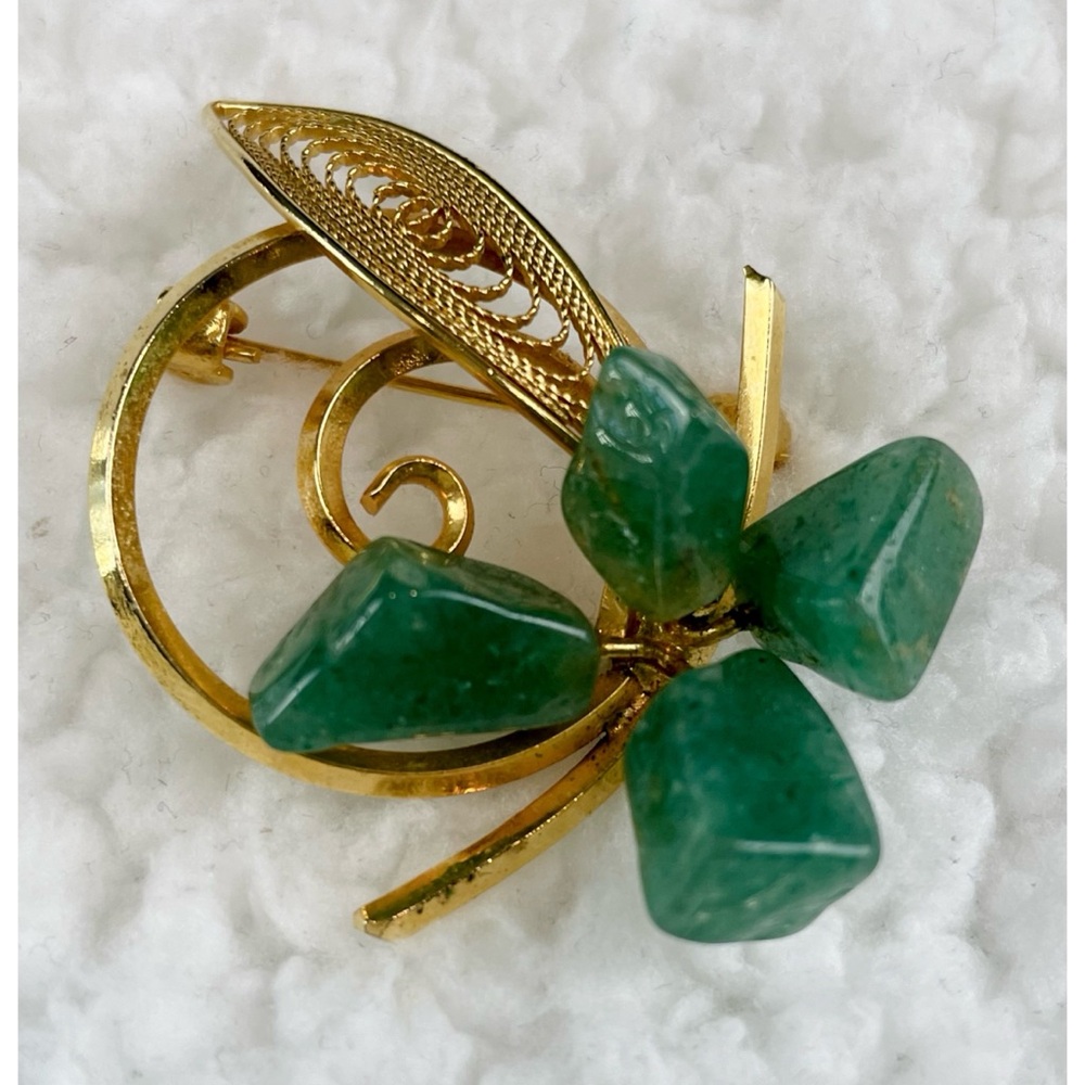 (VTG) Gold/Jade Clover and Leaf Brooch - Picture 2 of 10
